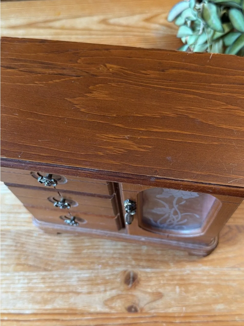 Vintage Wooden Jewelry Cabinet with Floral Glass Door